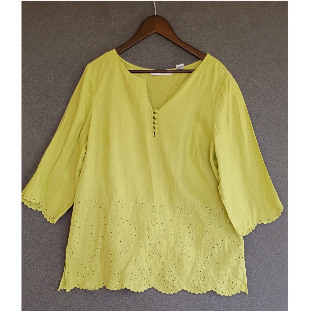 Lucy & Laurel Woman Lime Green 100% Linen Eyelet Embroidered Blouse Top 1X